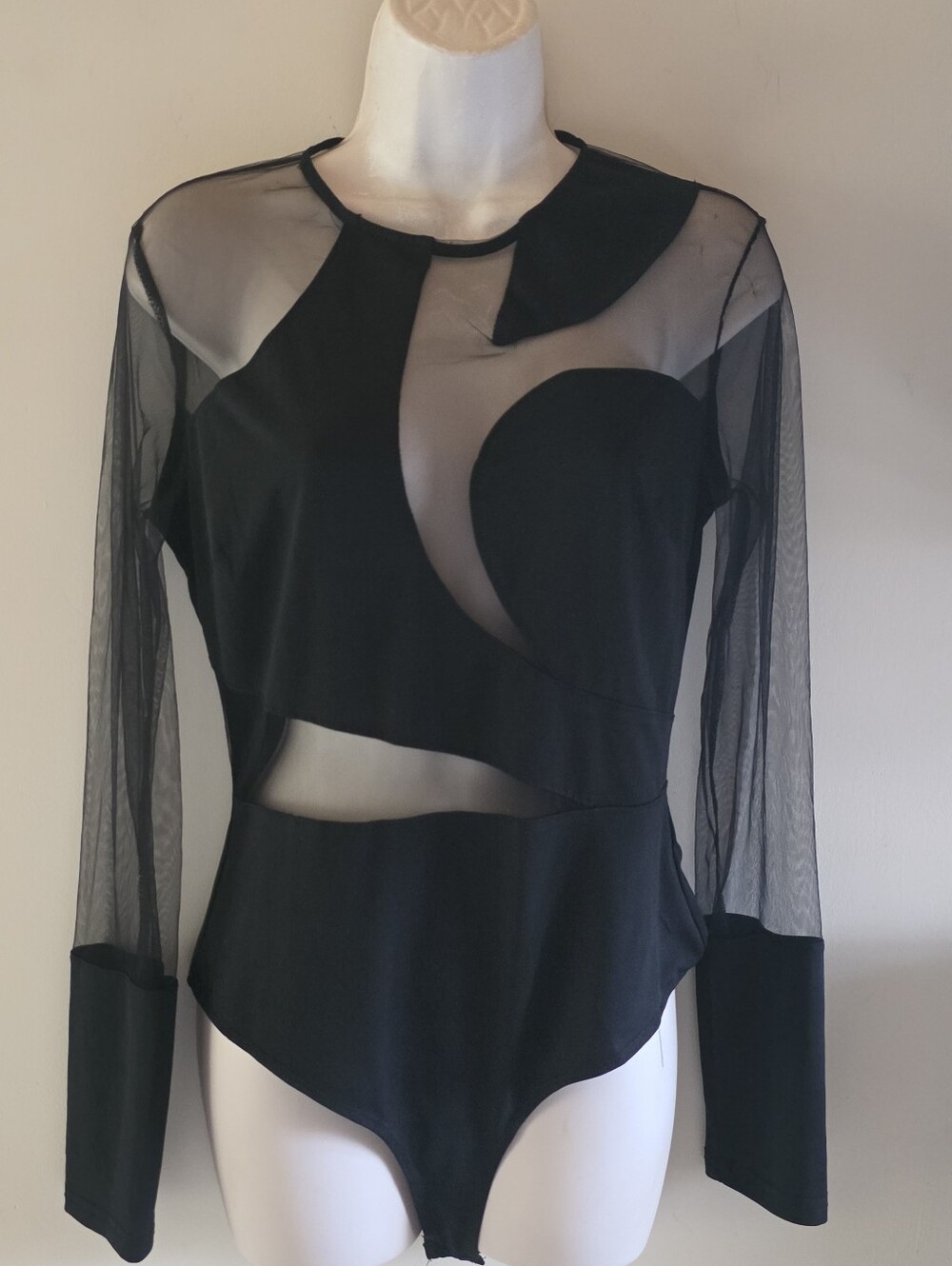 Fashion Nova Sheer Mesh Panel Black Long-Sleeve Bodysuit (Size L)